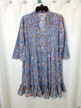 EUC Trade Cloth Blue Floral Midi Dress Ruffle See Photos Measurements NO TAG